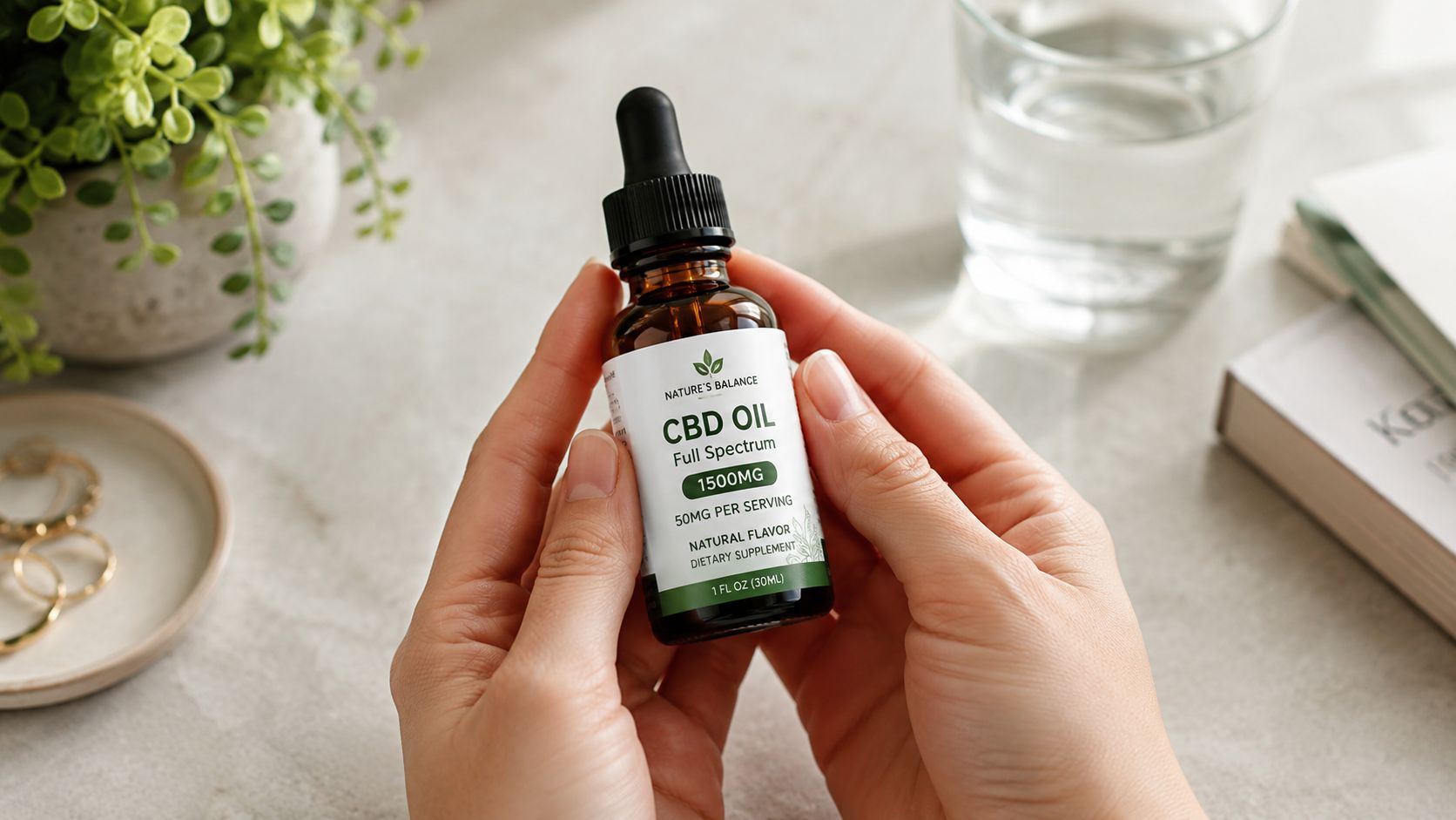 A person holds a bottle of Nature's Balance Full Spectrum CBD Oil in their hands.