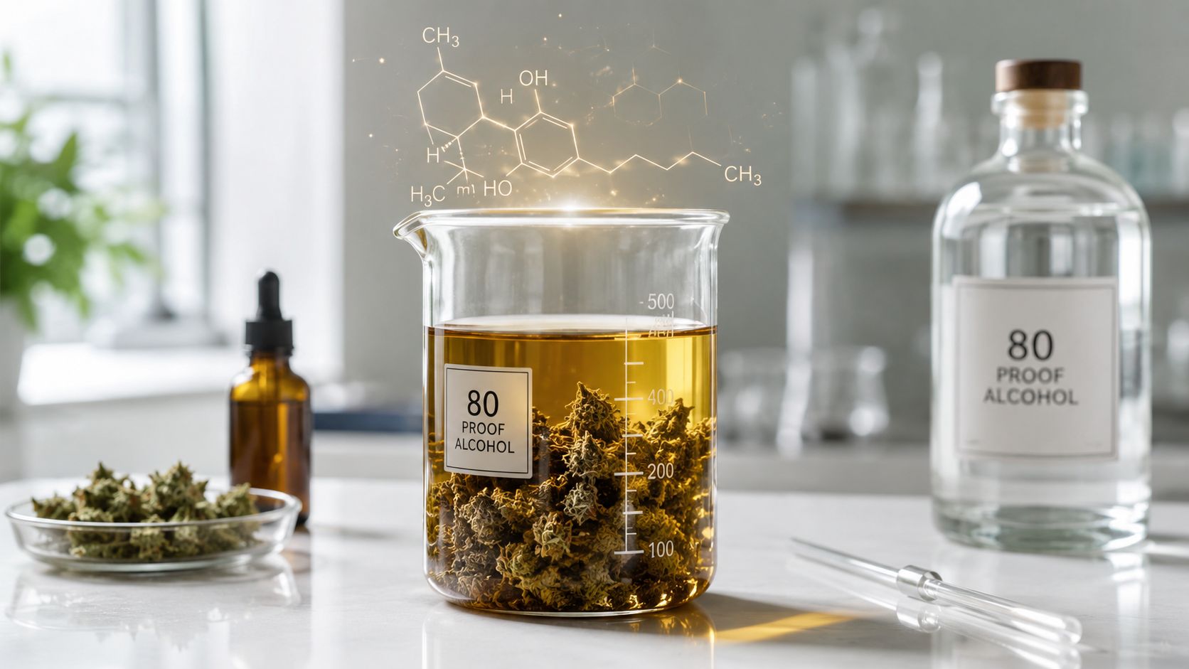 A glass beaker filled with cannabis flower submerged in 80 proof alcohol in a laboratory setting.