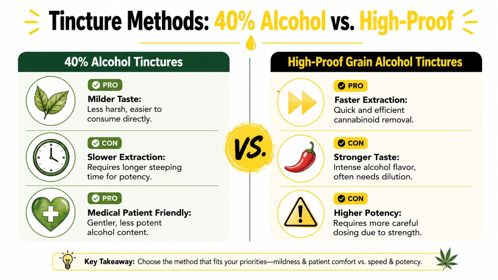 A comparison infographic between 40 percent alcohol and high-proof grain alcohol methods for making cannabis tinctures.