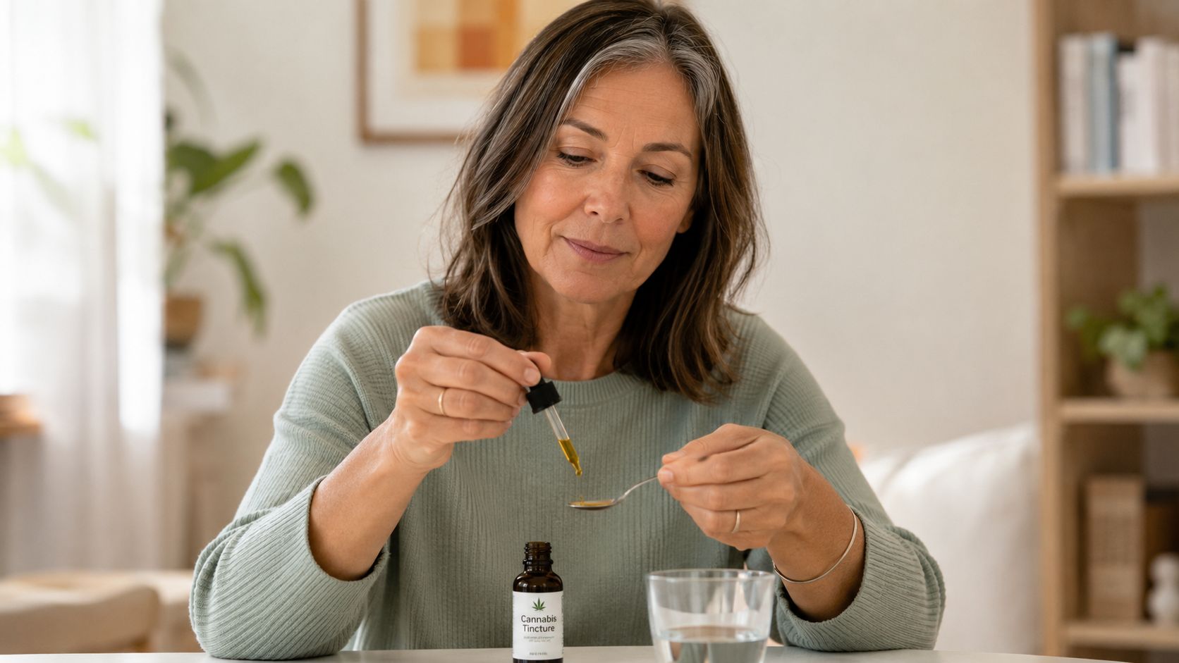 A woman holding a dropper above a spoon, preparing to take a dose of cannabis tincture.