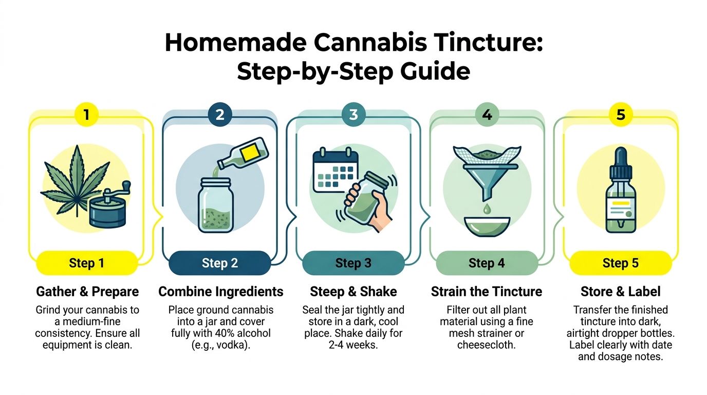 A five-step infographic showing the process for making a homemade cannabis tincture using alcohol.