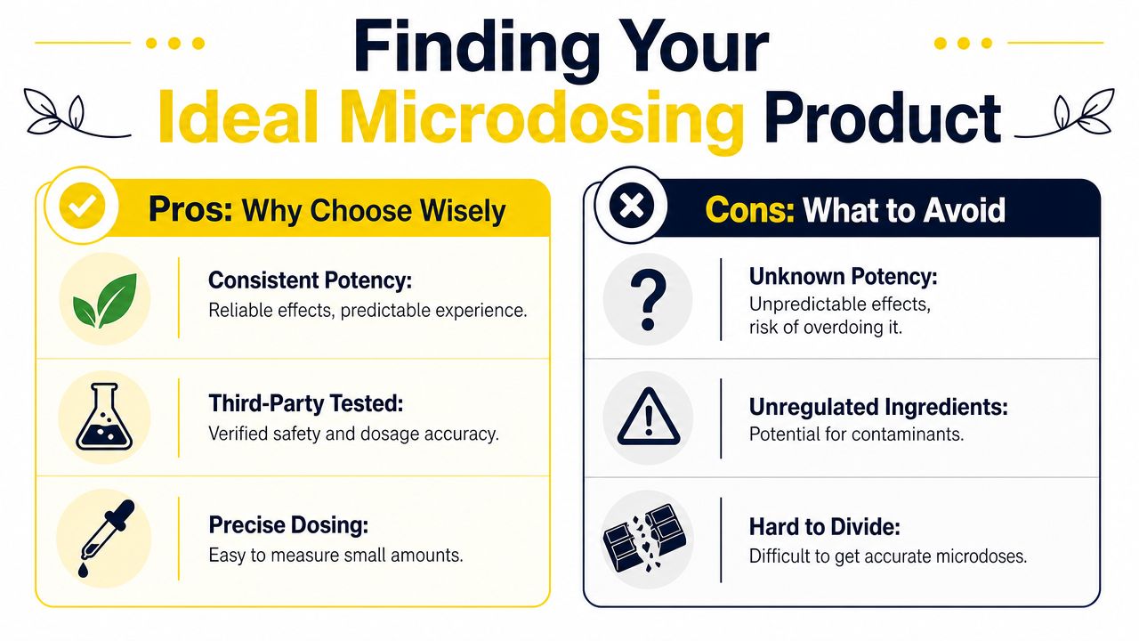 A comparison chart showing the pros and cons of choosing the right microdosing product for safety.
