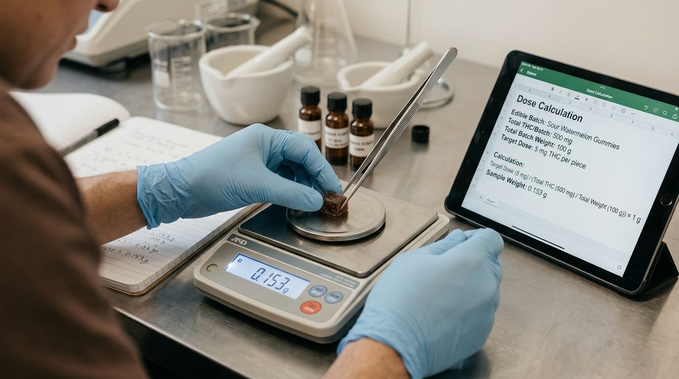 A lab technician in blue gloves weighing a cannabis edible gummy on a digital scale for dosage calculation.