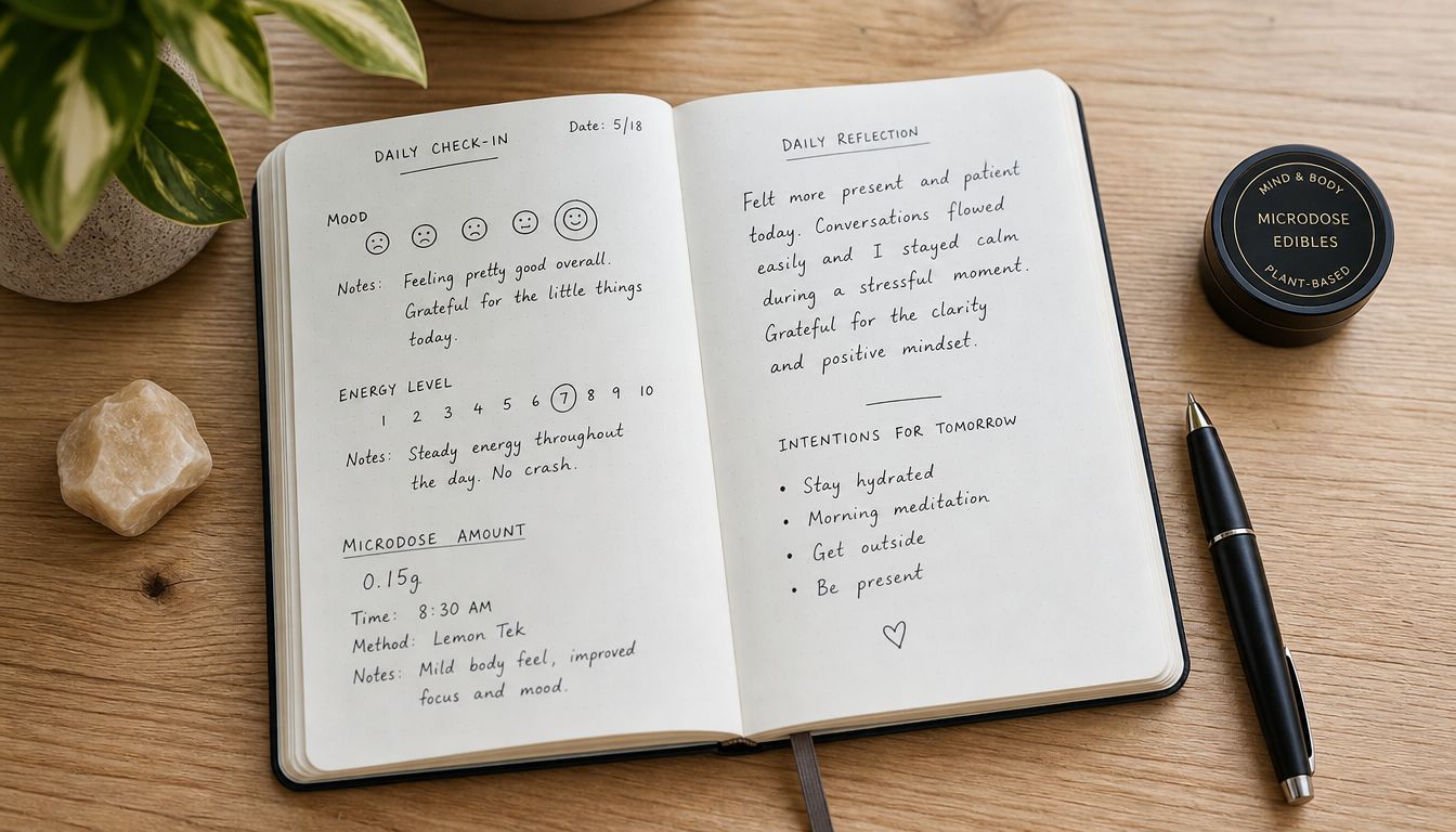 A hand-written daily journal open on a wooden table with a pen, crystal, and microdose edibles container.