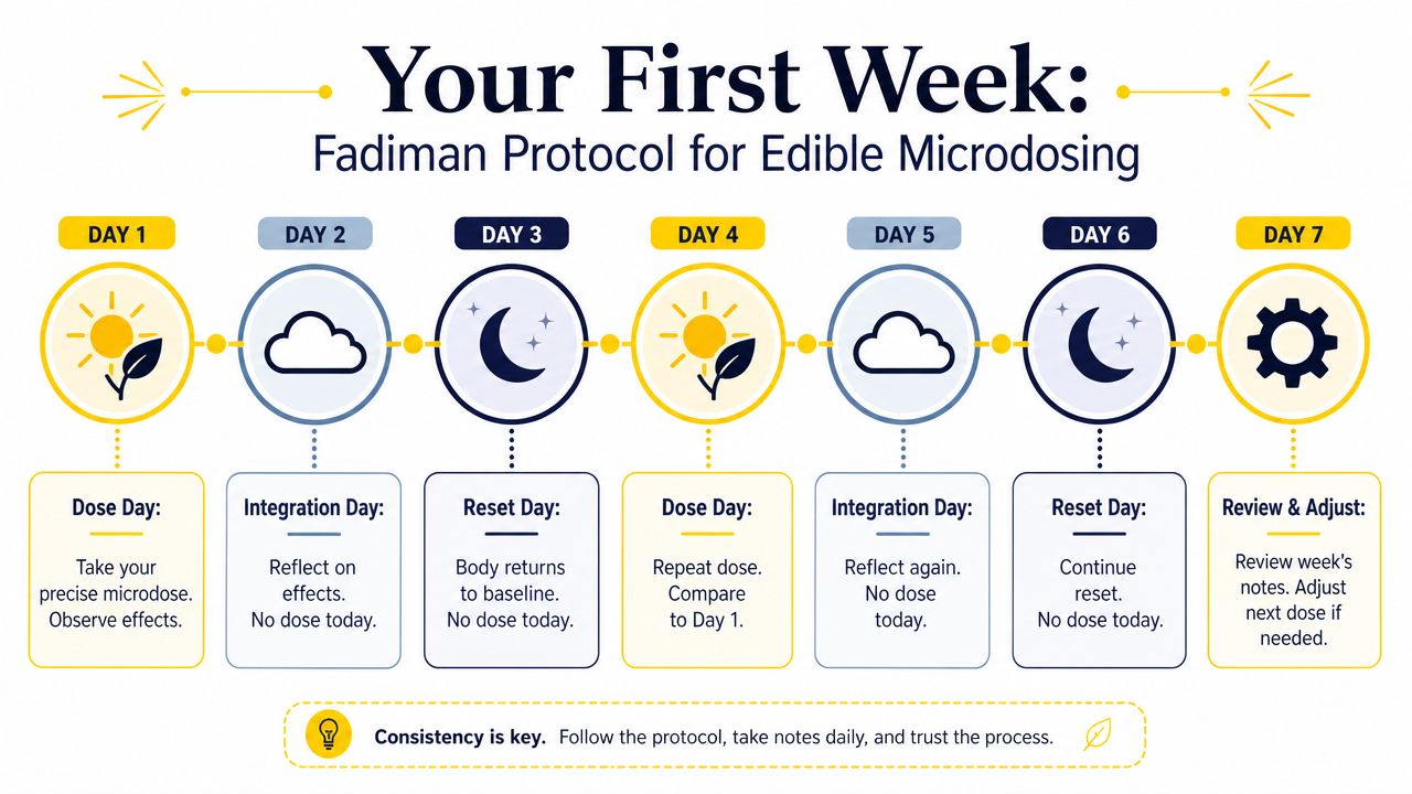 A weekly guide showing the Fadiman Protocol for edible microdosing with clear instructions for each daily step.