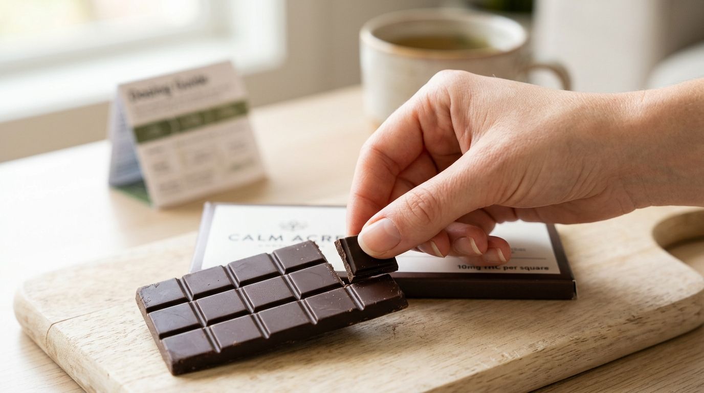 A hand breaks a piece off a square of Calm Acre chocolate on a wooden cutting board.