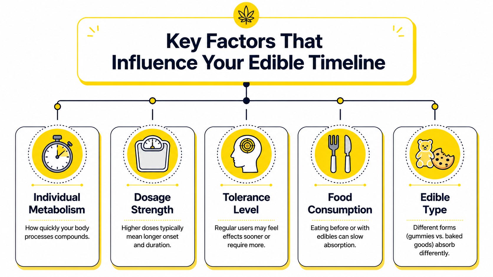 A diagram outlining five key factors that influence how long it takes for edibles to take effect.