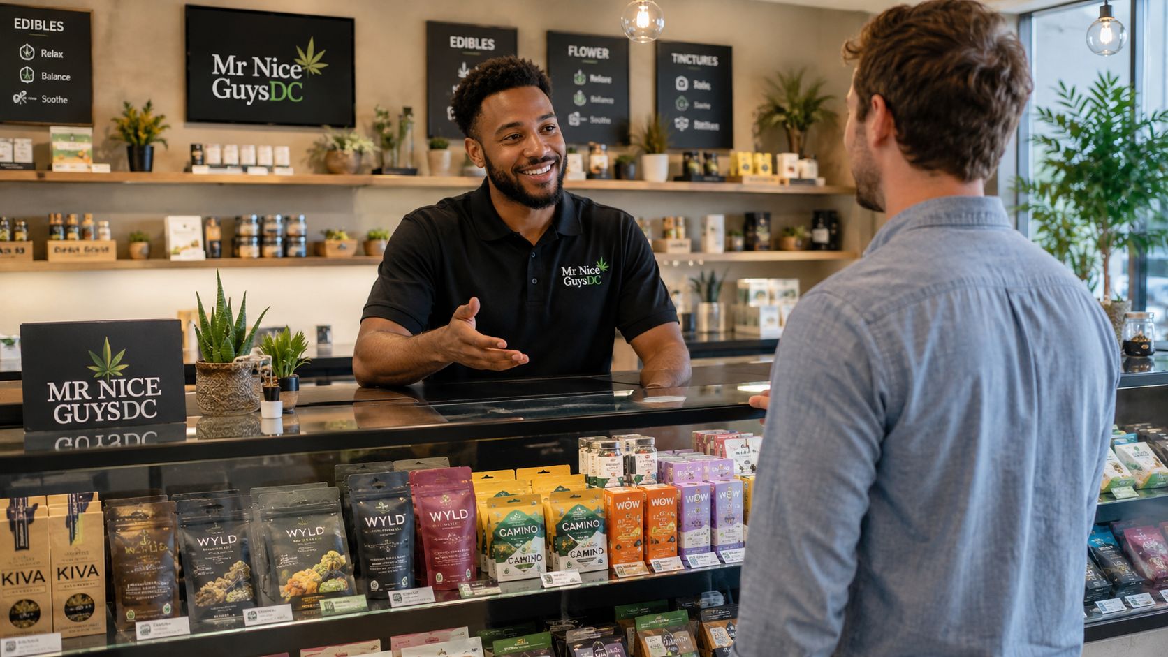 A friendly employee helping a customer browse edible cannabis products at a brightly lit dispensary counter.