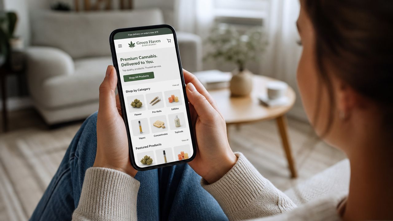 A woman using a smartphone to browse the Green Haven Dispensary online store while sitting comfortably at home.