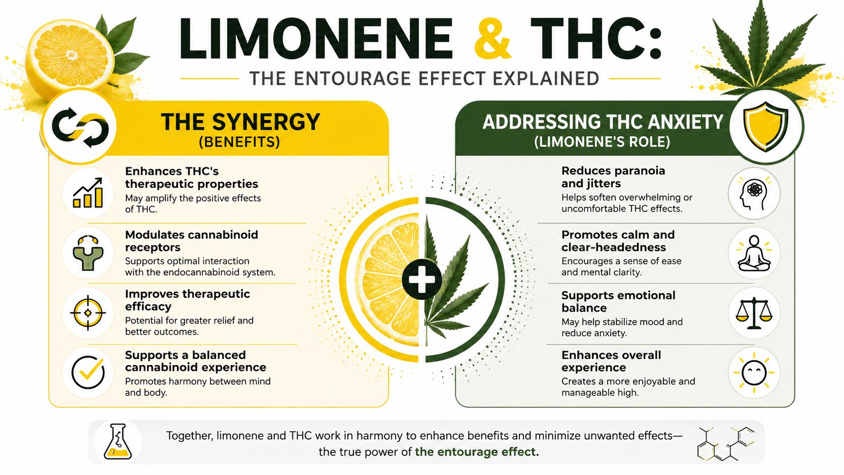 An infographic explaining how limonene terpene interacts with THC to provide the entourage effect and reduce anxiety.