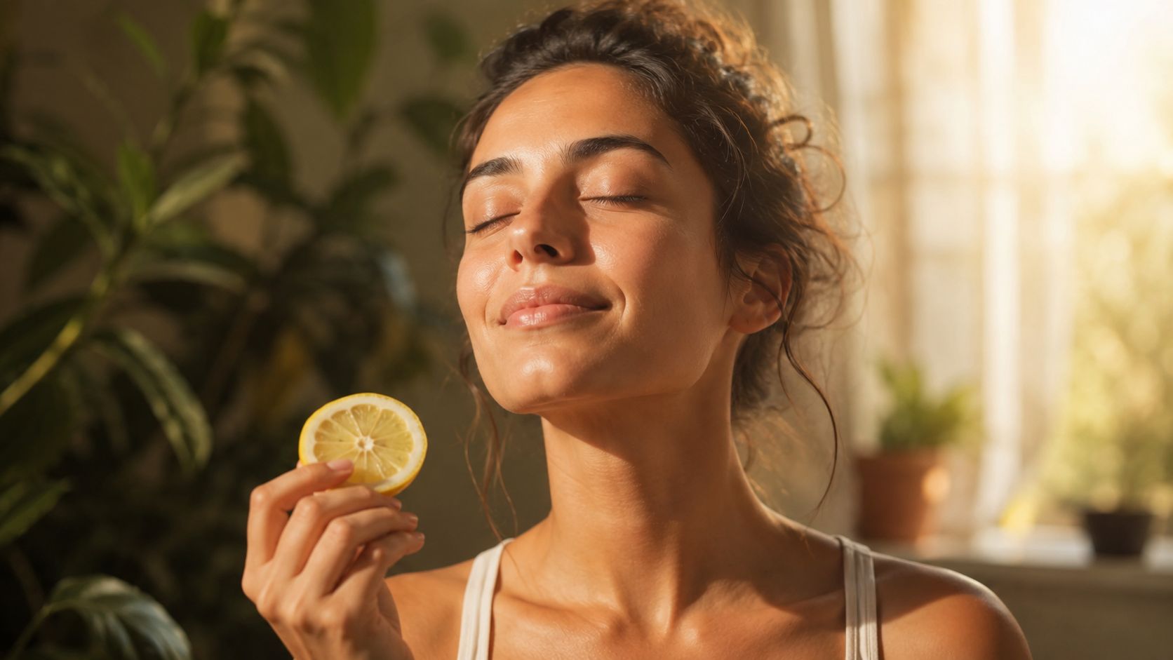A woman with glowing skin holding a fresh lemon slice while enjoying the warm morning sunlight.