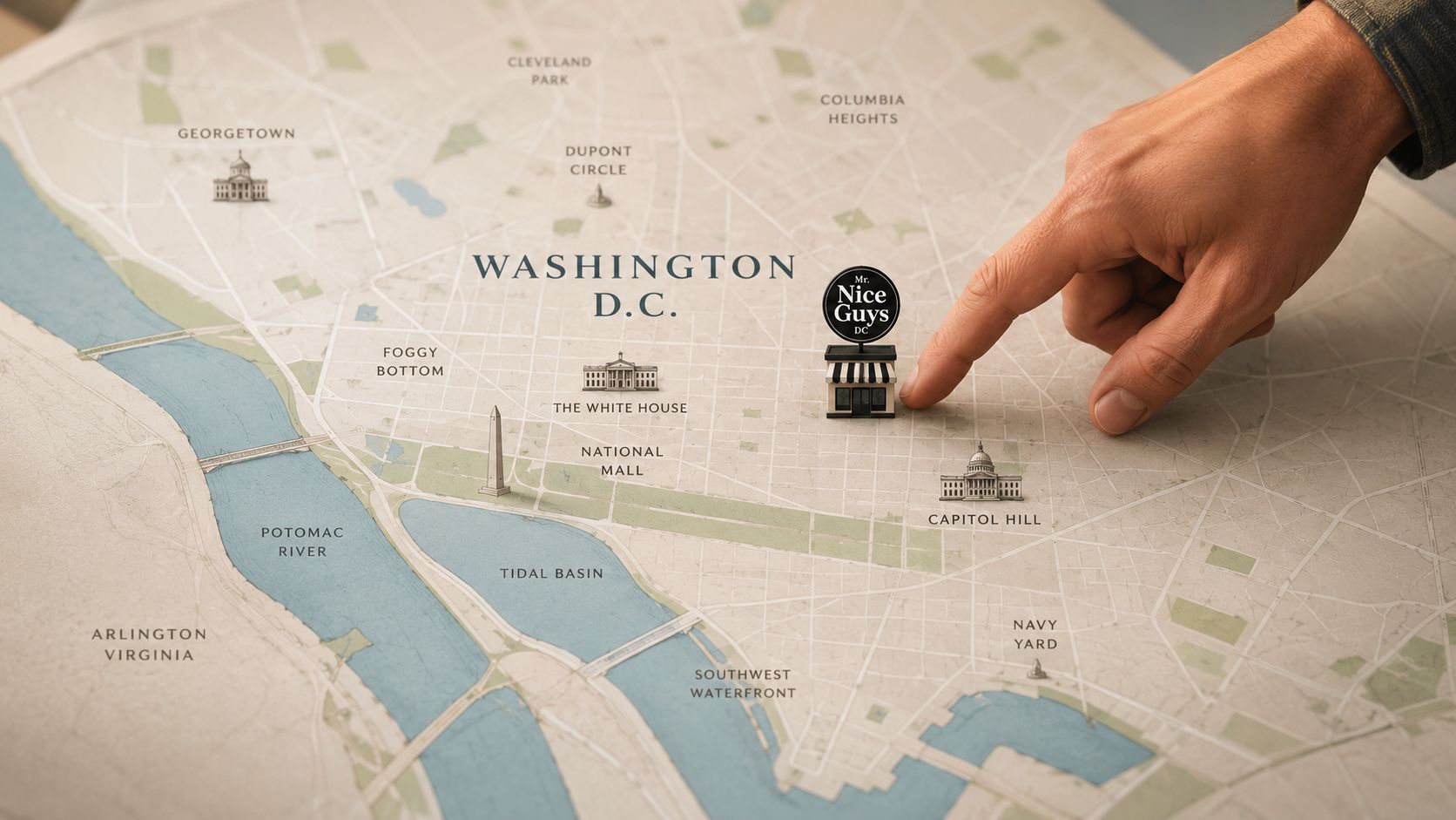 A hand pointing at a miniature shop icon labeled Mr. Nice Guys on a map of Washington D.C.