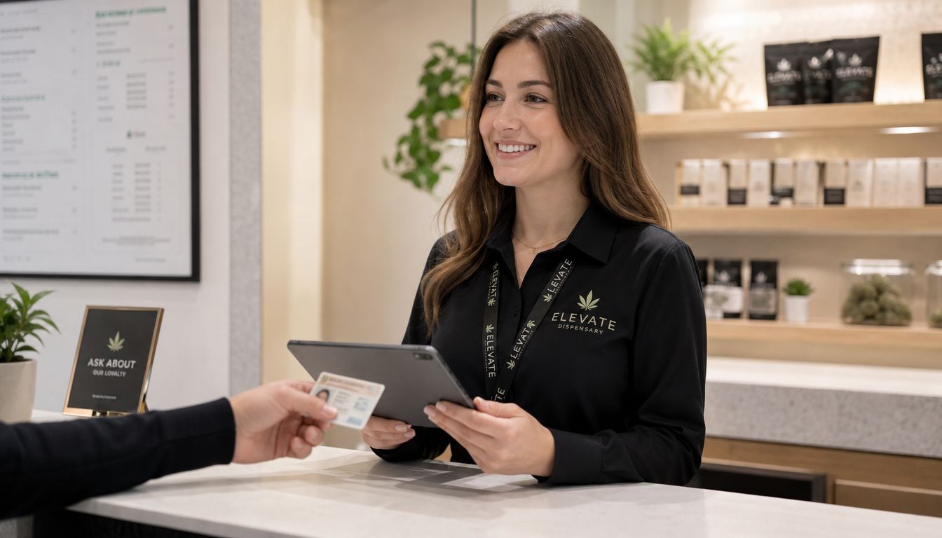 A smiling dispensary employee checks an identification card presented by a customer at the counter.