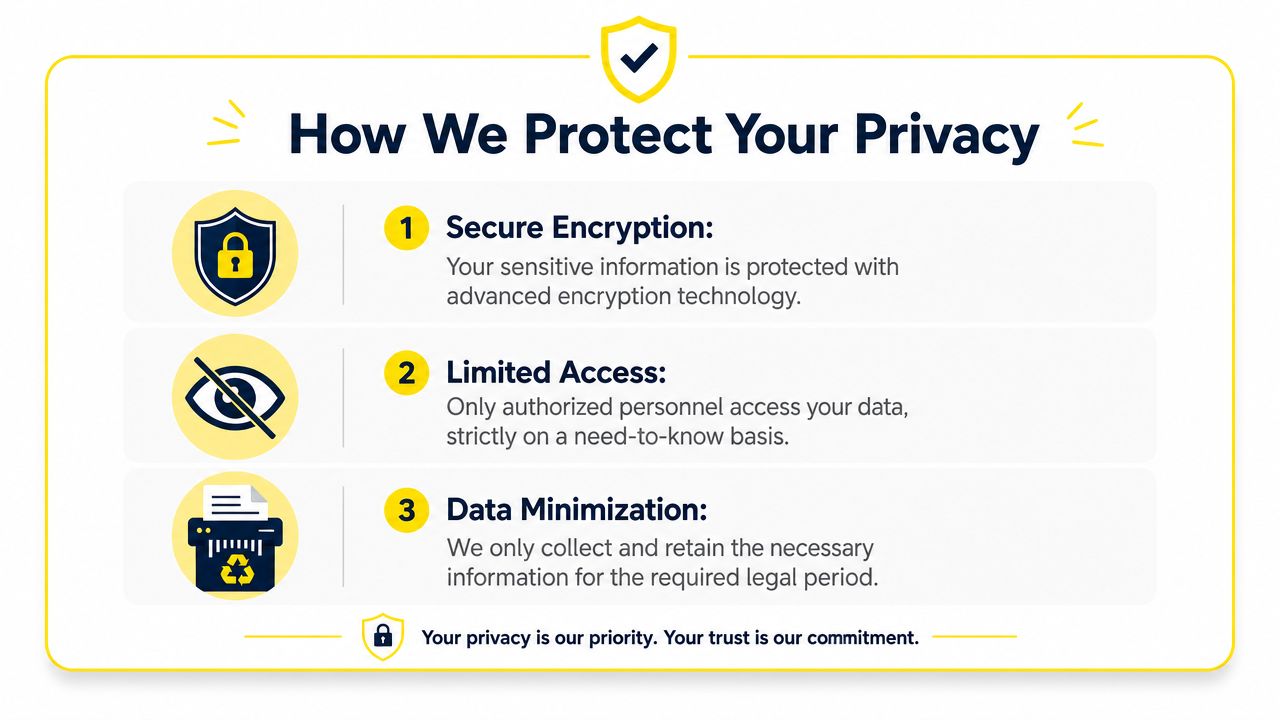 A graphic showing three ways a company protects privacy through secure encryption, limited access, and data minimization.