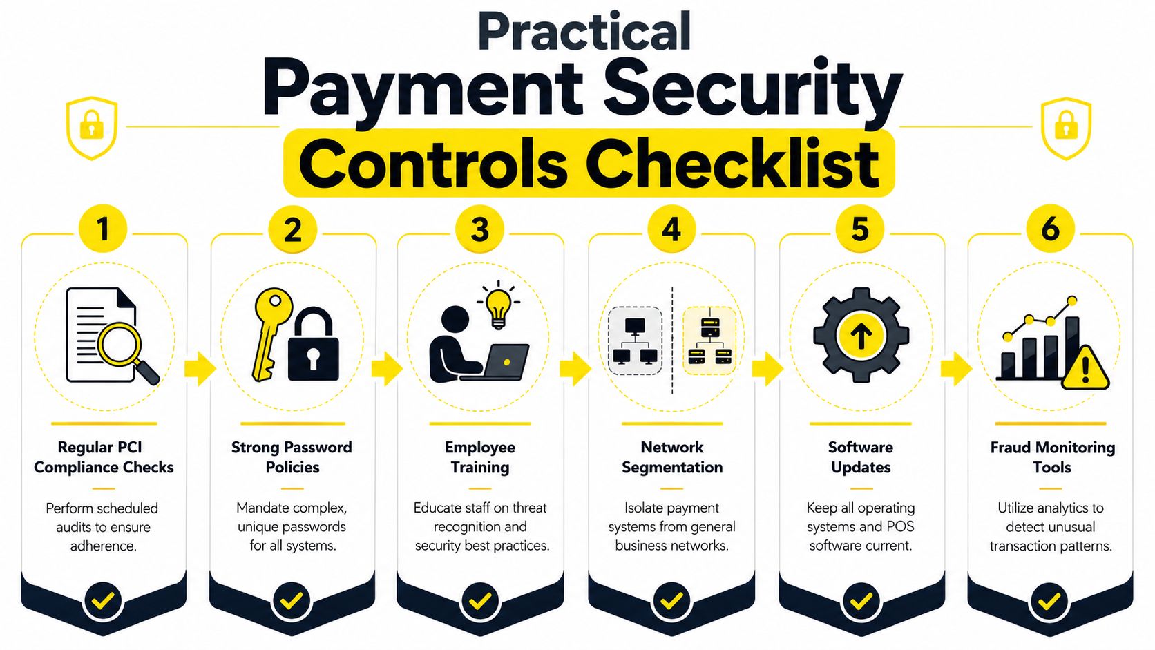 A six-step infographic titled Practical Payment Security Controls Checklist displaying essential security practices for businesses.