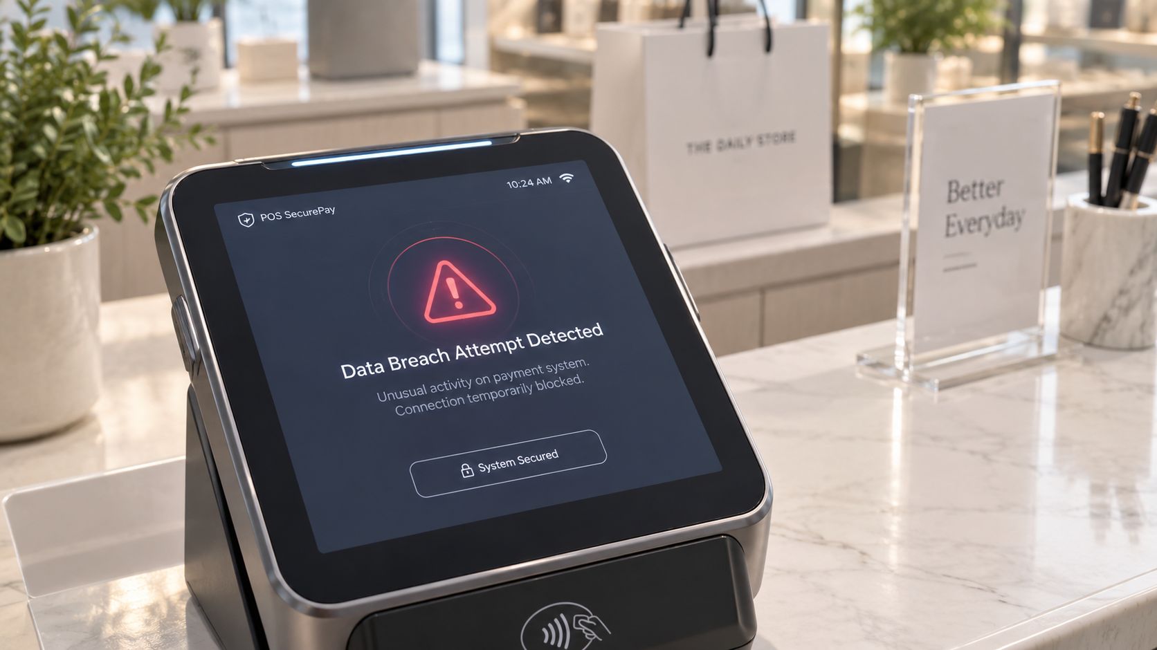 A payment terminal screen displays a red warning message about a data breach attempt being detected.