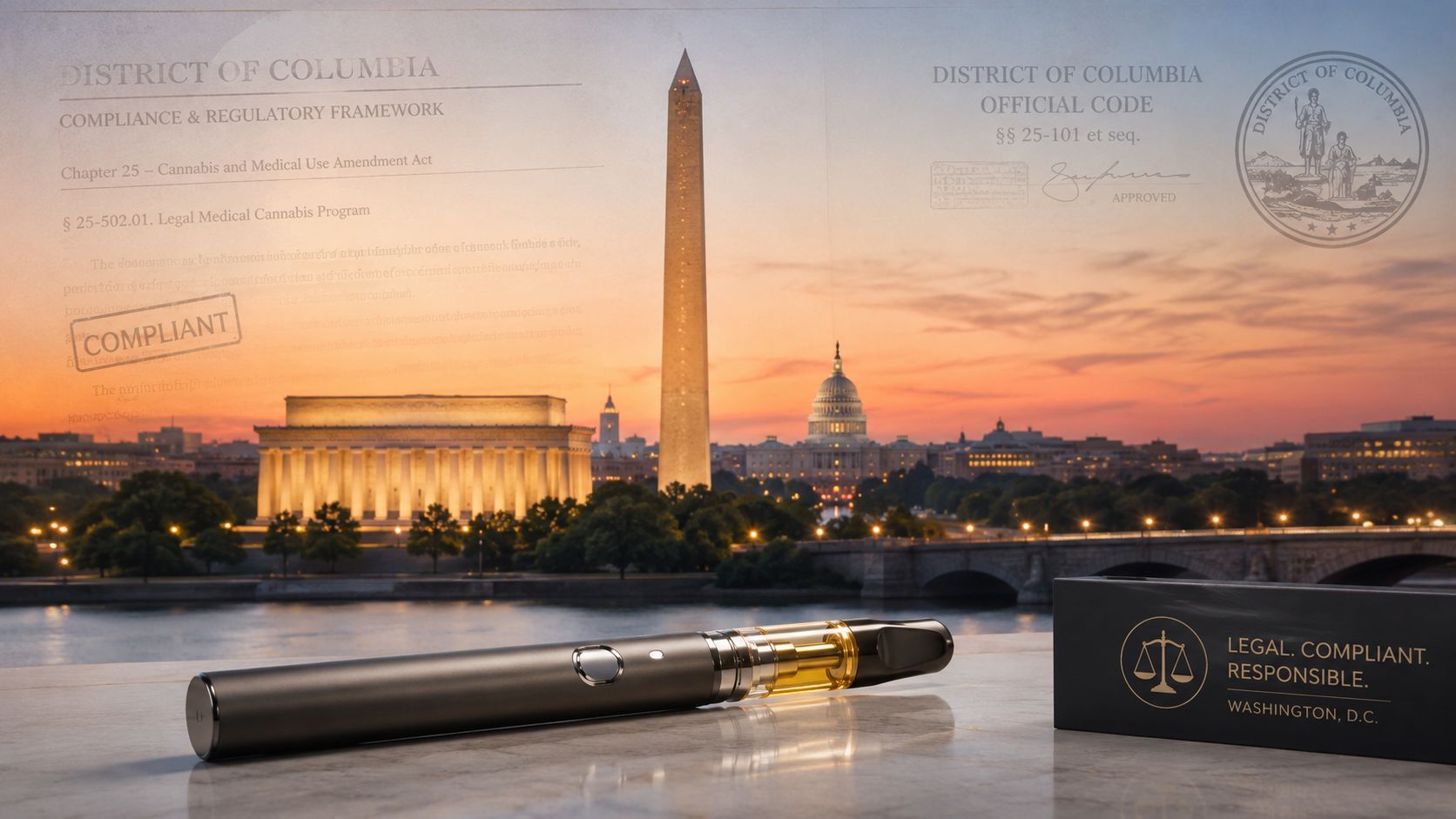 A modern vape pen sitting on a surface with the Washington DC skyline in the background.