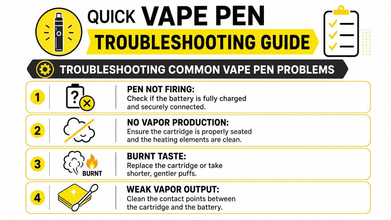 A troubleshooting guide for vape pens outlining solutions for common issues like firing, vapor production, and taste.