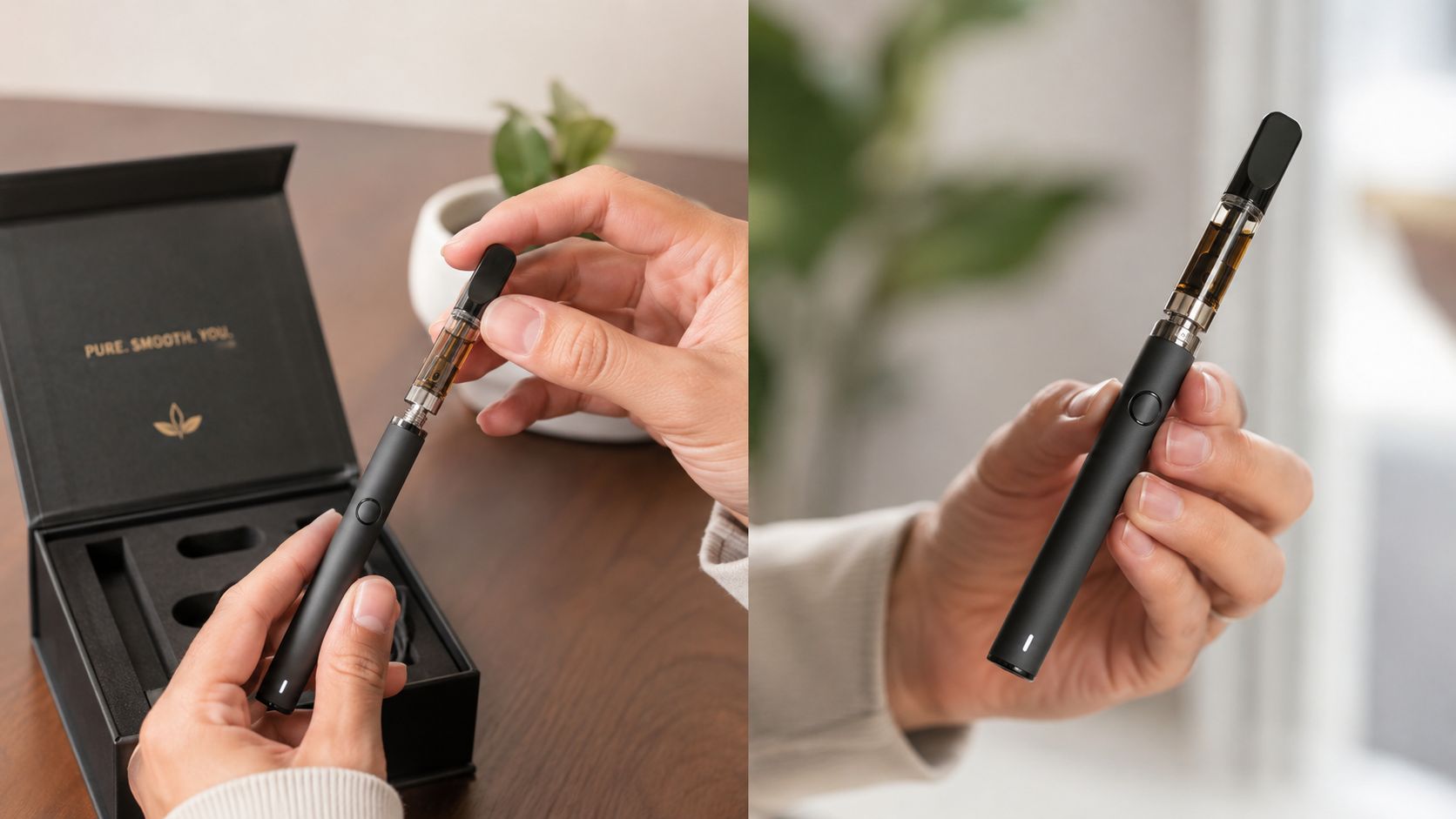 A person assembling a black vape pen with a pre-filled cannabis oil cartridge from a branded box.
