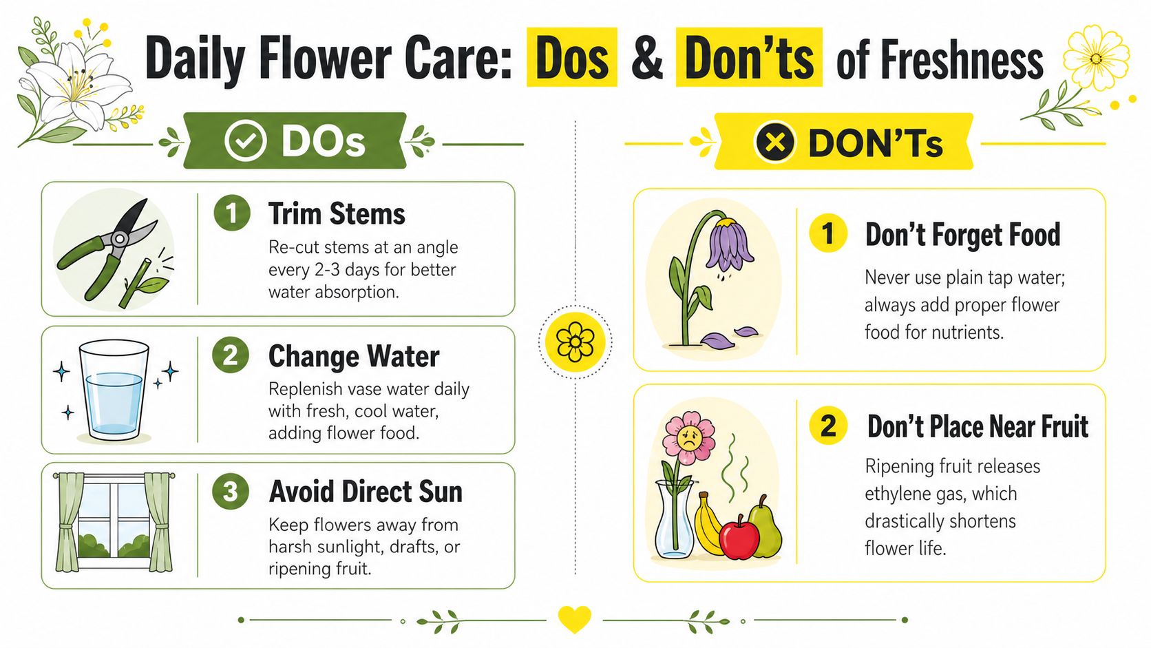 An infographic titled Daily Flower Care showing three essential tips for long-lasting flowers and two common mistakes.