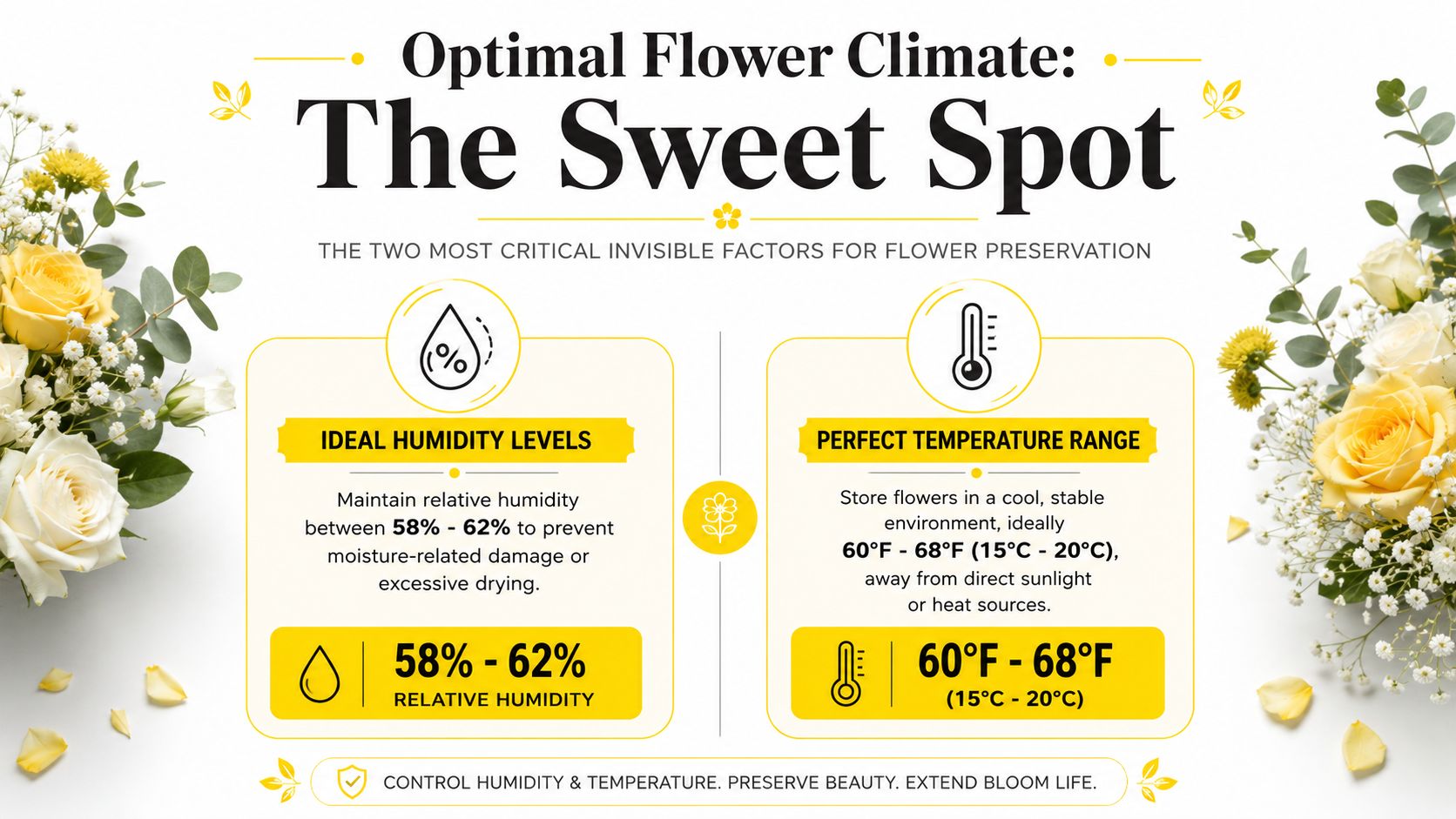 An infographic detailing the optimal temperature and humidity levels for preserving fresh flower longevity.