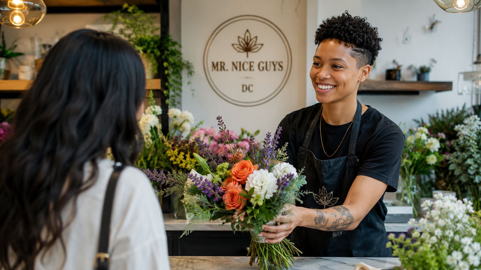 A friendly florist with a tattoo smiling as she hands a vibrant bouquet to a customer.