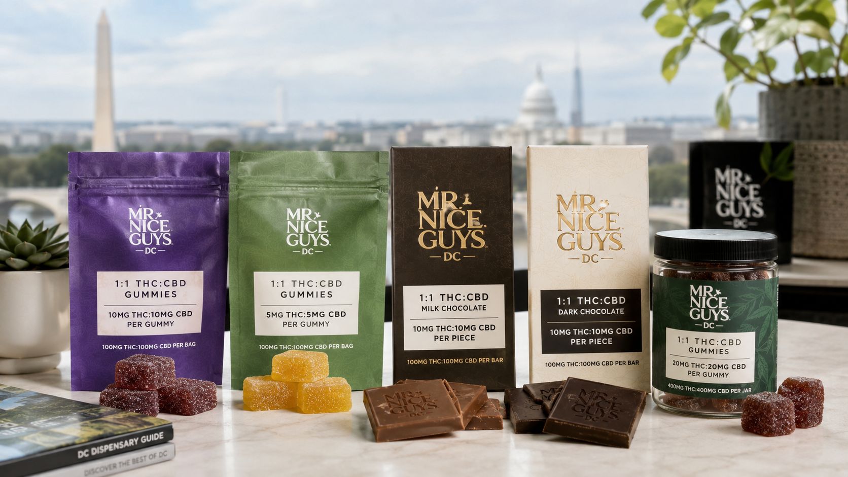 An assortment of Mr. Nice Guys DC edible cannabis products displayed on a table with a city background.