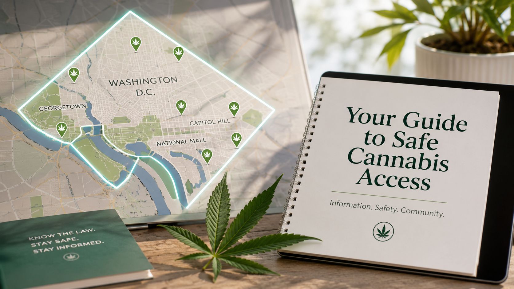 A map of Washington D.C. with cannabis location markers and a guide for safe cannabis access.