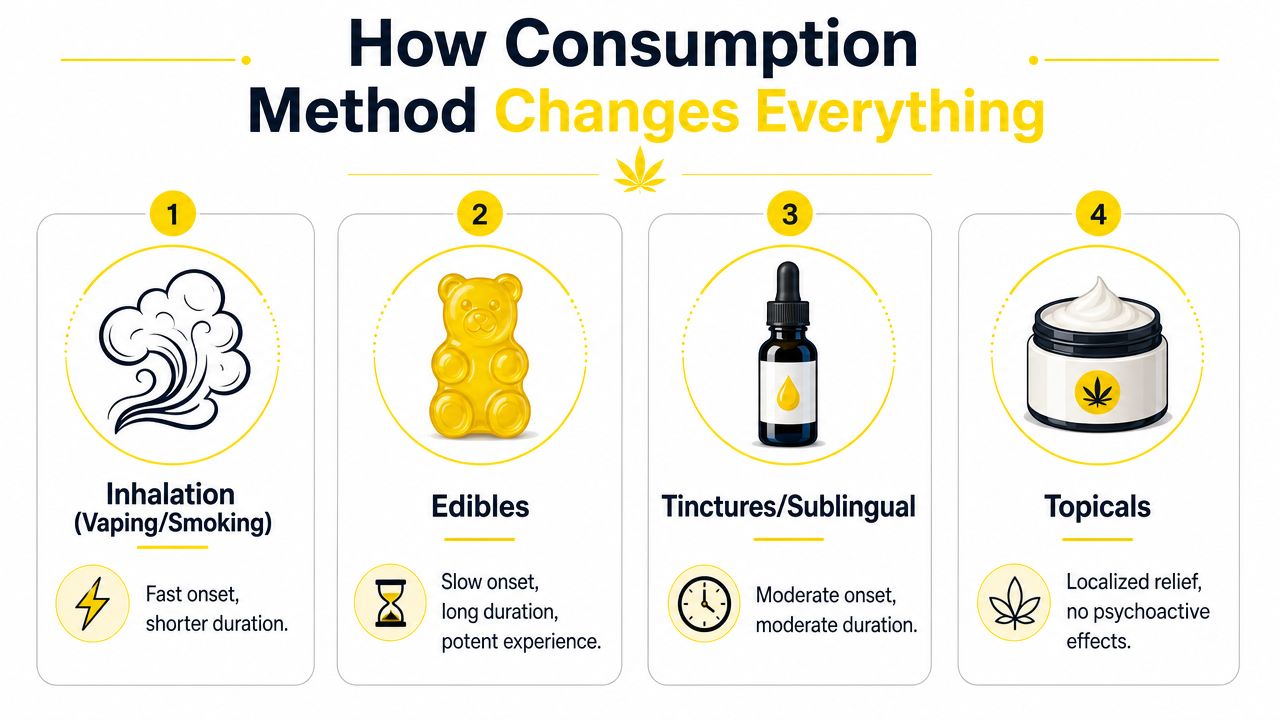 An infographic detailing four different cannabis consumption methods, their onset times, and duration of effects.
