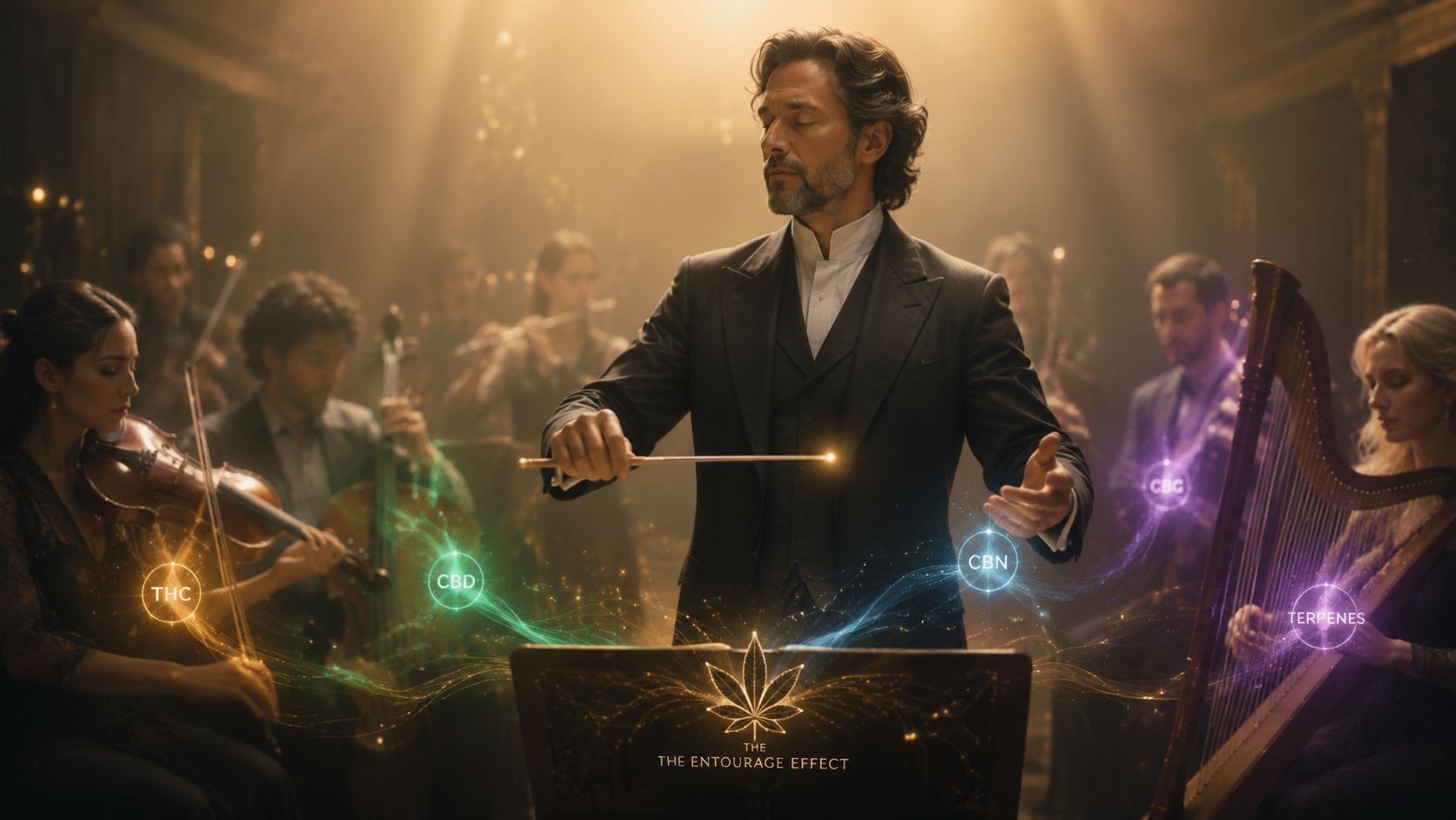 A conductor leading an orchestra where musicians represent different cannabis compounds like THC, CBD, and terpenes.