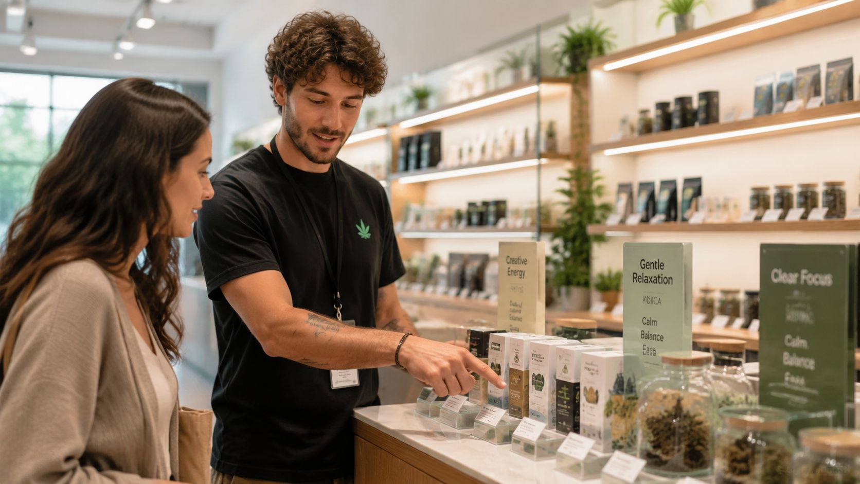 A friendly staff member in a cannabis shop explains product options to a customer near a display.
