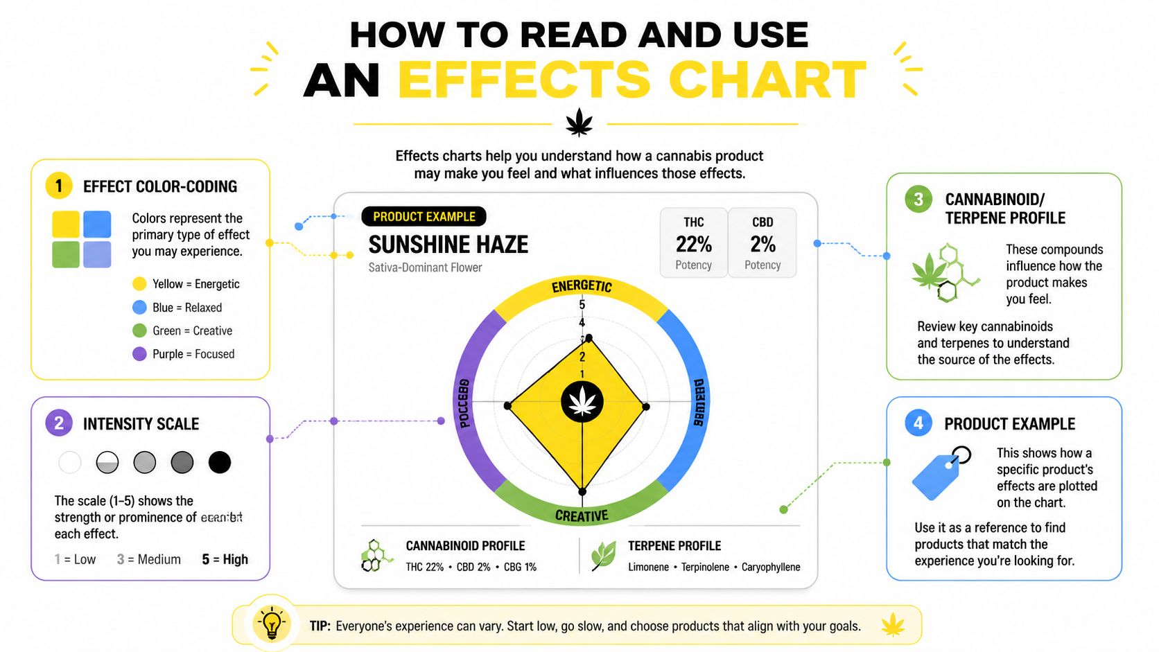 An educational infographic explaining how to read a cannabis effects chart, showing color coding and intensity scales.