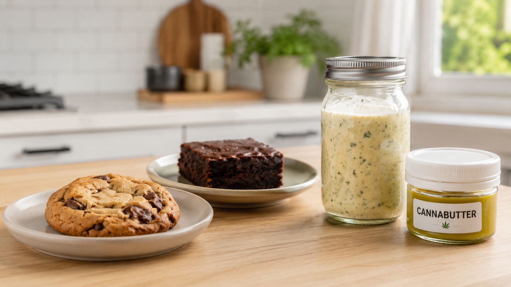A cookie, a chocolate brownie, a jar of dressing, and a small jar of labeled cannabutter on a wooden table.