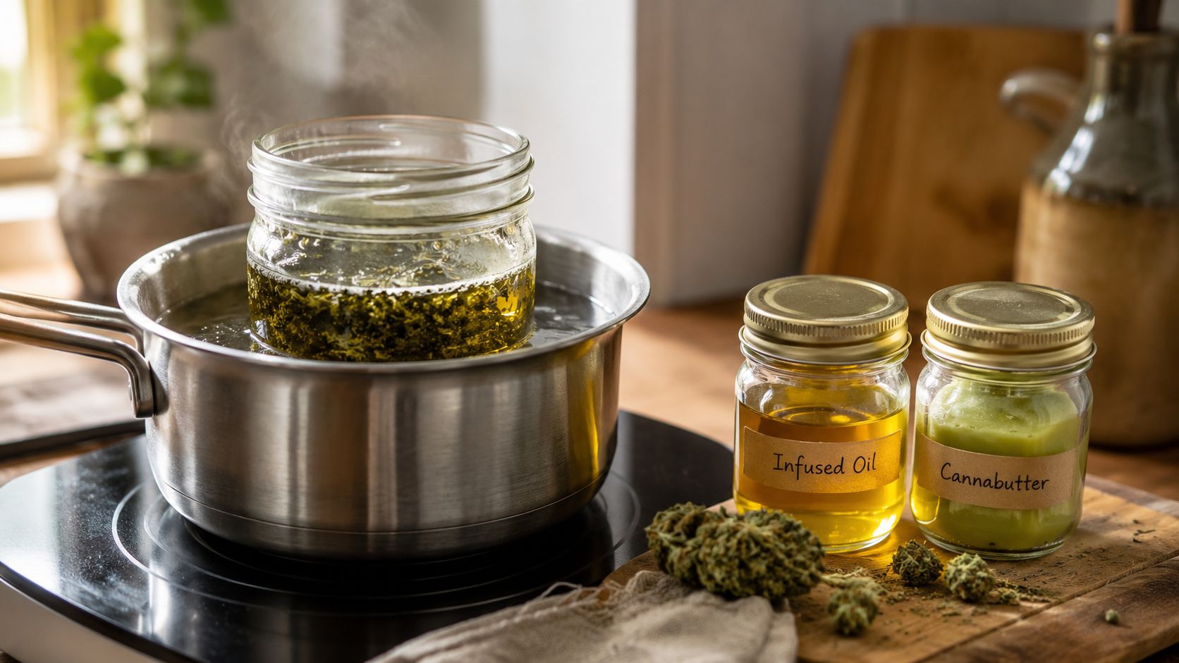 A glass jar heating in a pot of water on a stove with jars of cannabis-infused oil and cannabutter.