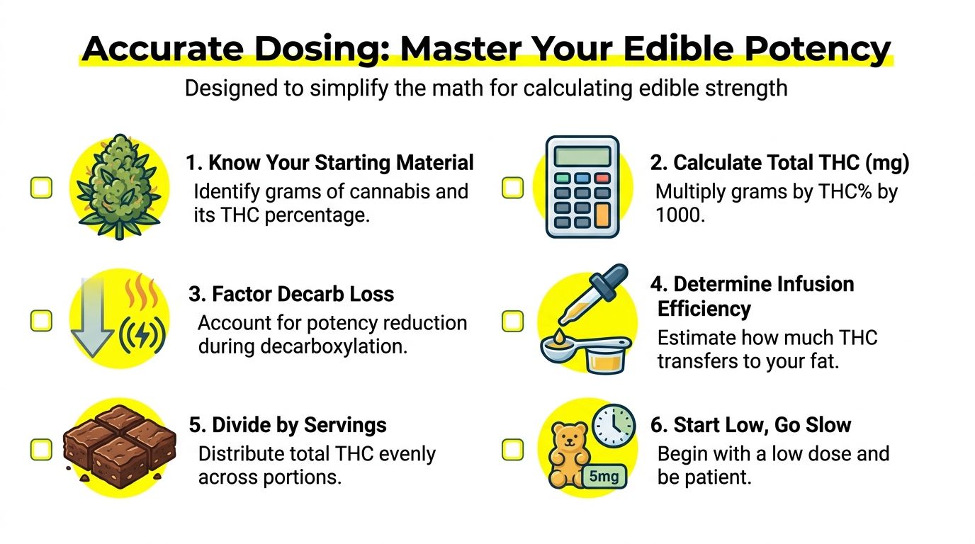 An infographic titled Accurate Dosing that outlines six steps to calculate the potency of cannabis-infused edibles.