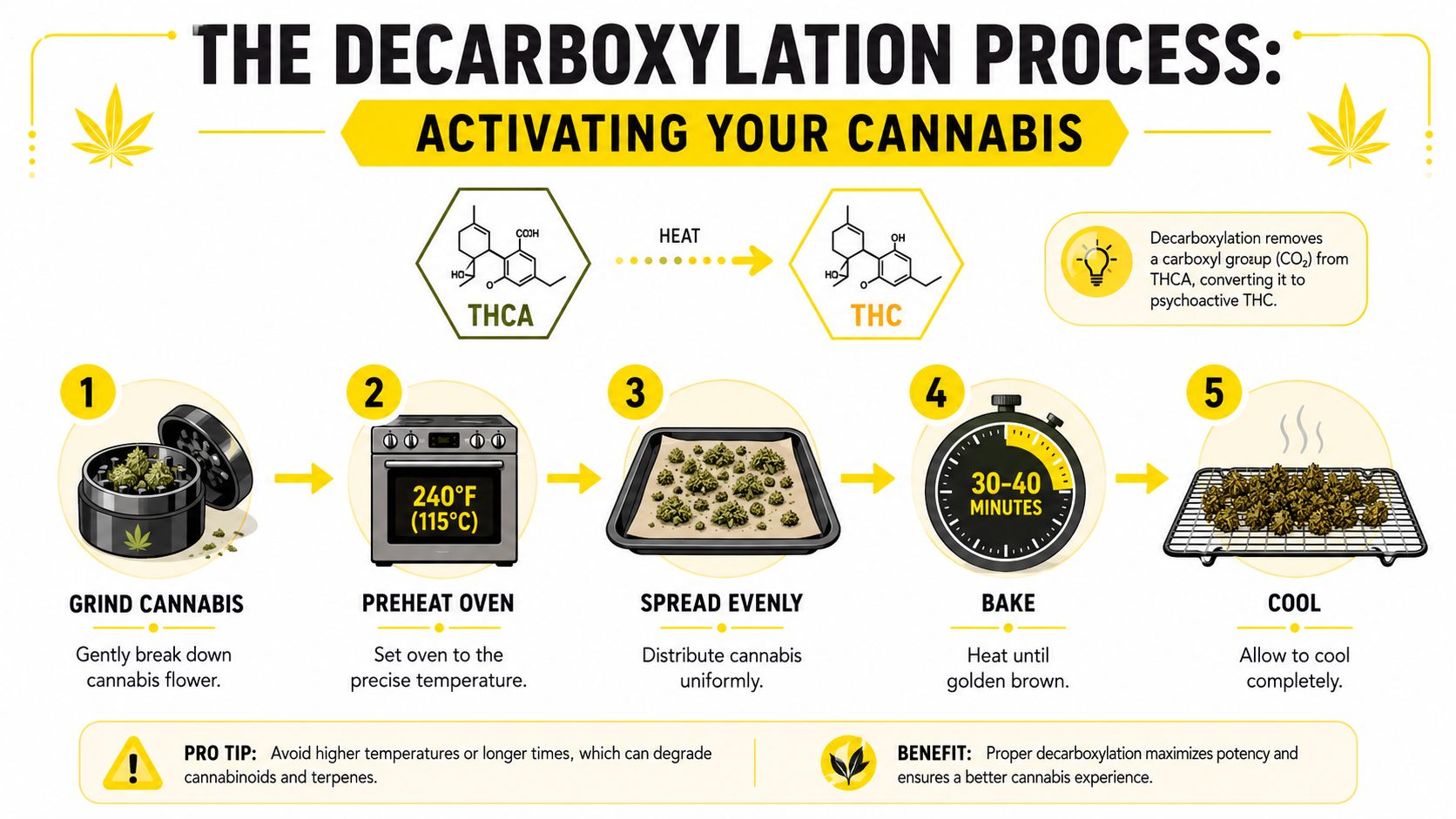 An infographic illustrating the five-step decarboxylation process for activating cannabis flowers in a home kitchen oven.