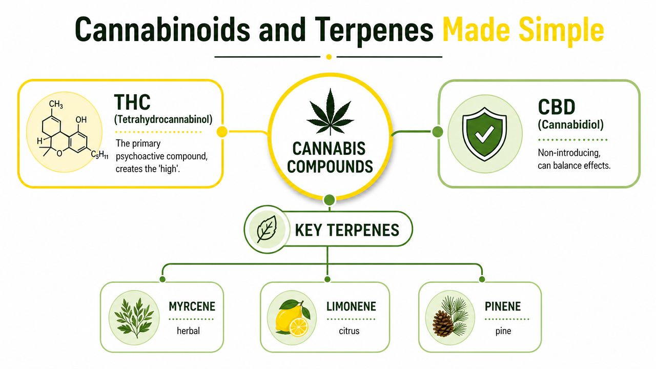 An infographic titled Cannabinoids and Terpenes Made Simple explaining THC, CBD, and common cannabis terpenes.