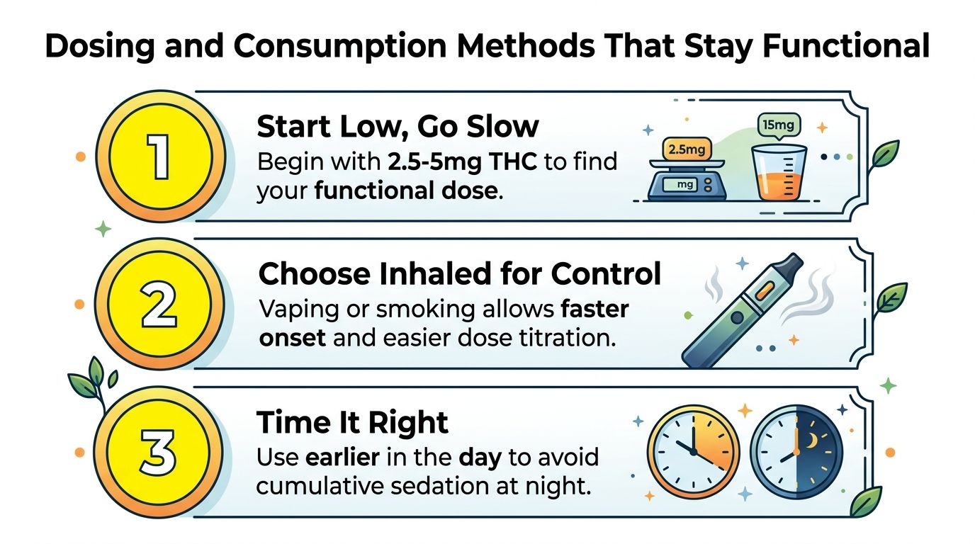 An infographic titled Dosing and Consumption Methods That Stay Functional, outlining three steps for responsible cannabis use.