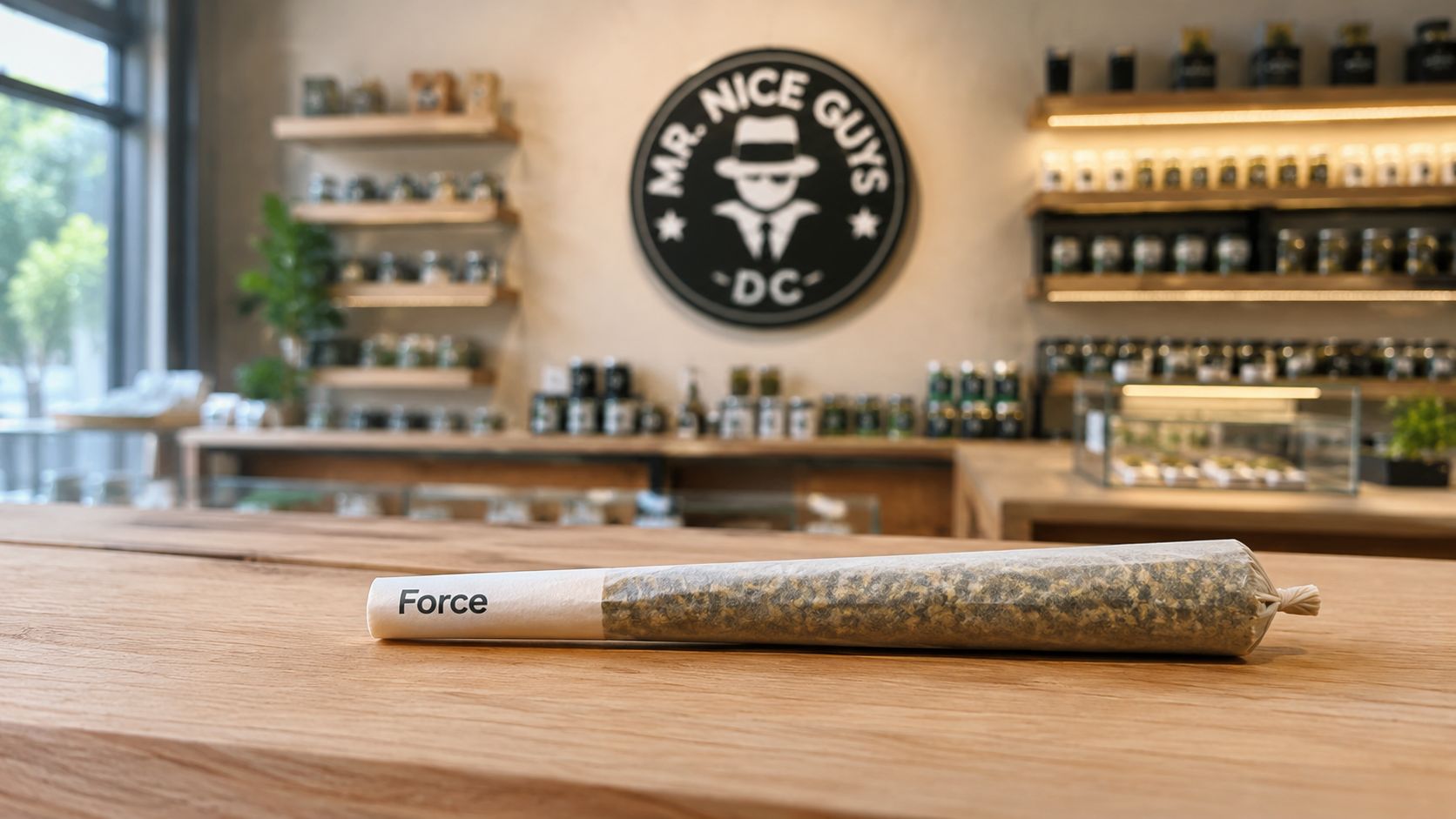 A pre-rolled cannabis joint labeled Force lying on a wooden counter in a cannabis dispensary.