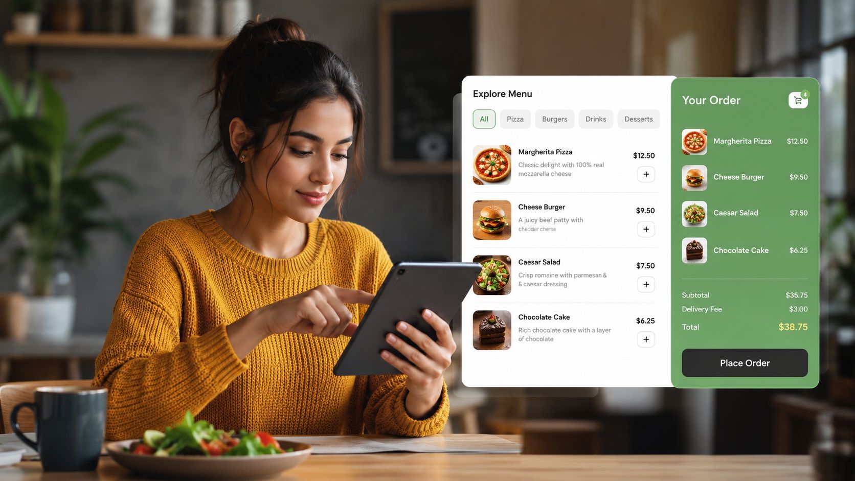 A young woman uses a tablet to order food online from a digital restaurant menu interface.