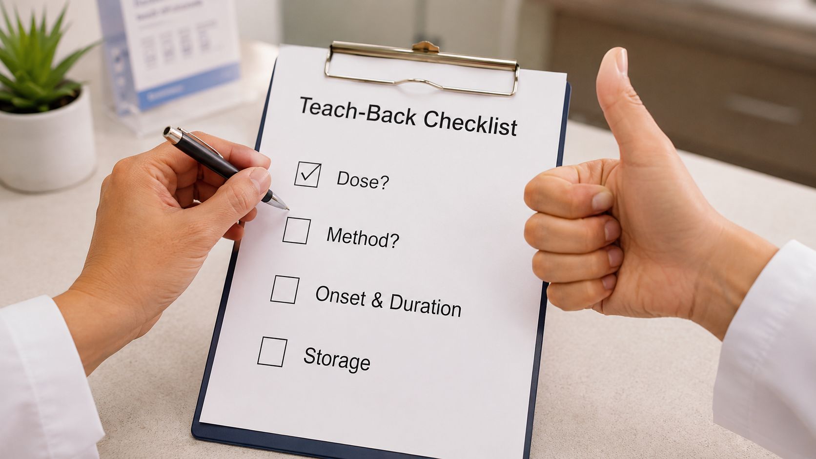 A medical professional holds a Teach-Back Checklist clipboard and gives a thumbs up for patient education.