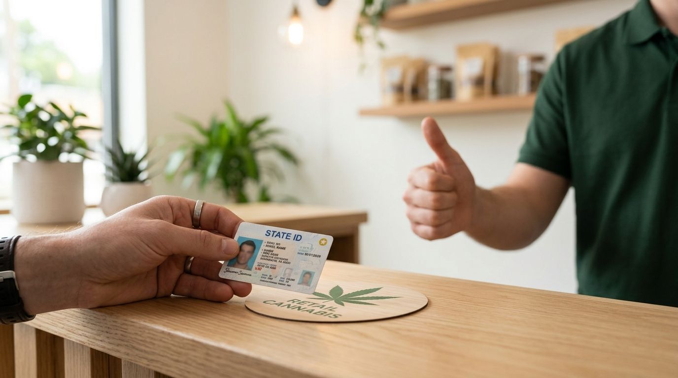 A customer presenting a state ID card to a retail cannabis employee for age verification.