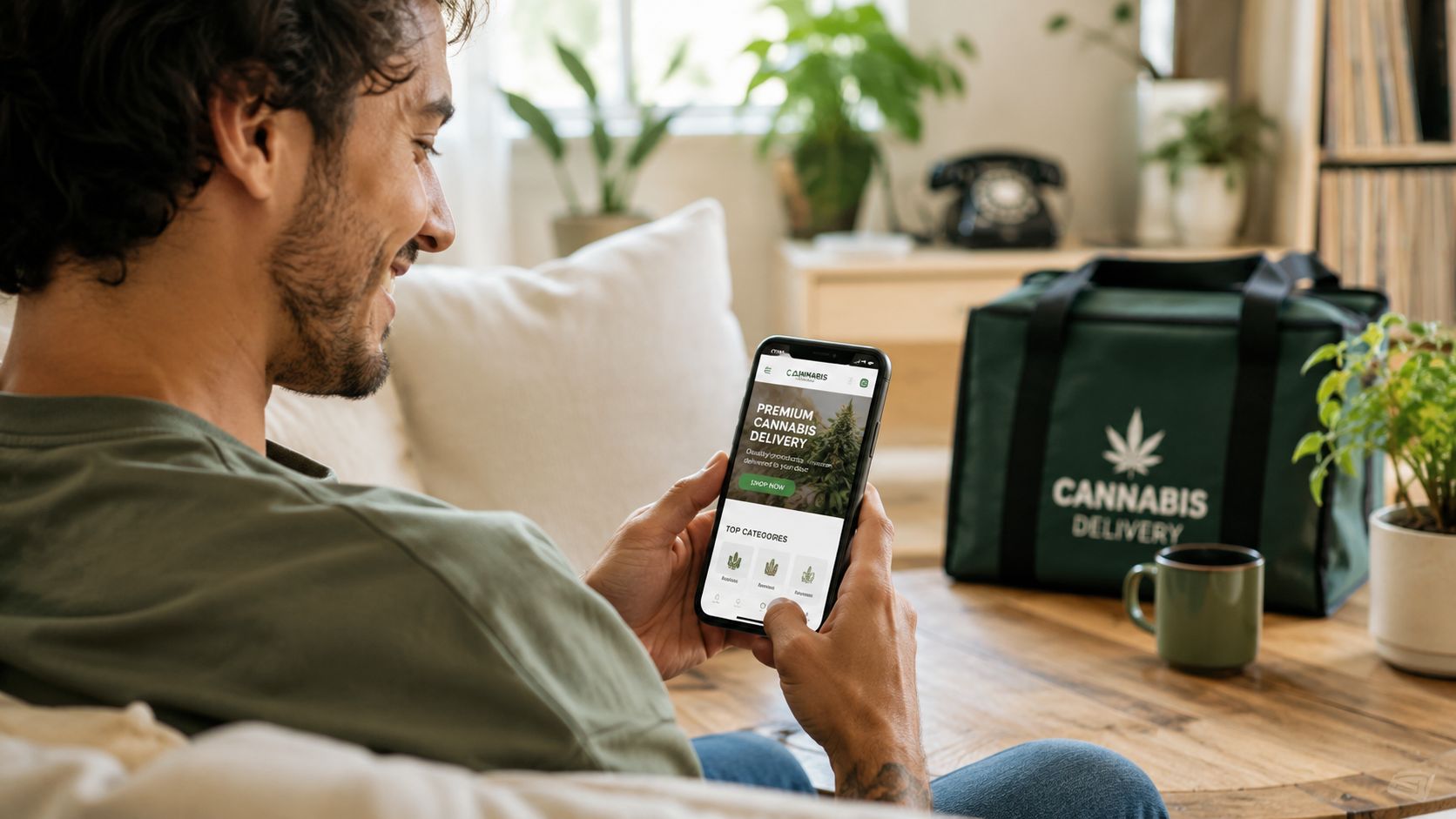 A man smiling while using his smartphone to order from a cannabis delivery app at home.