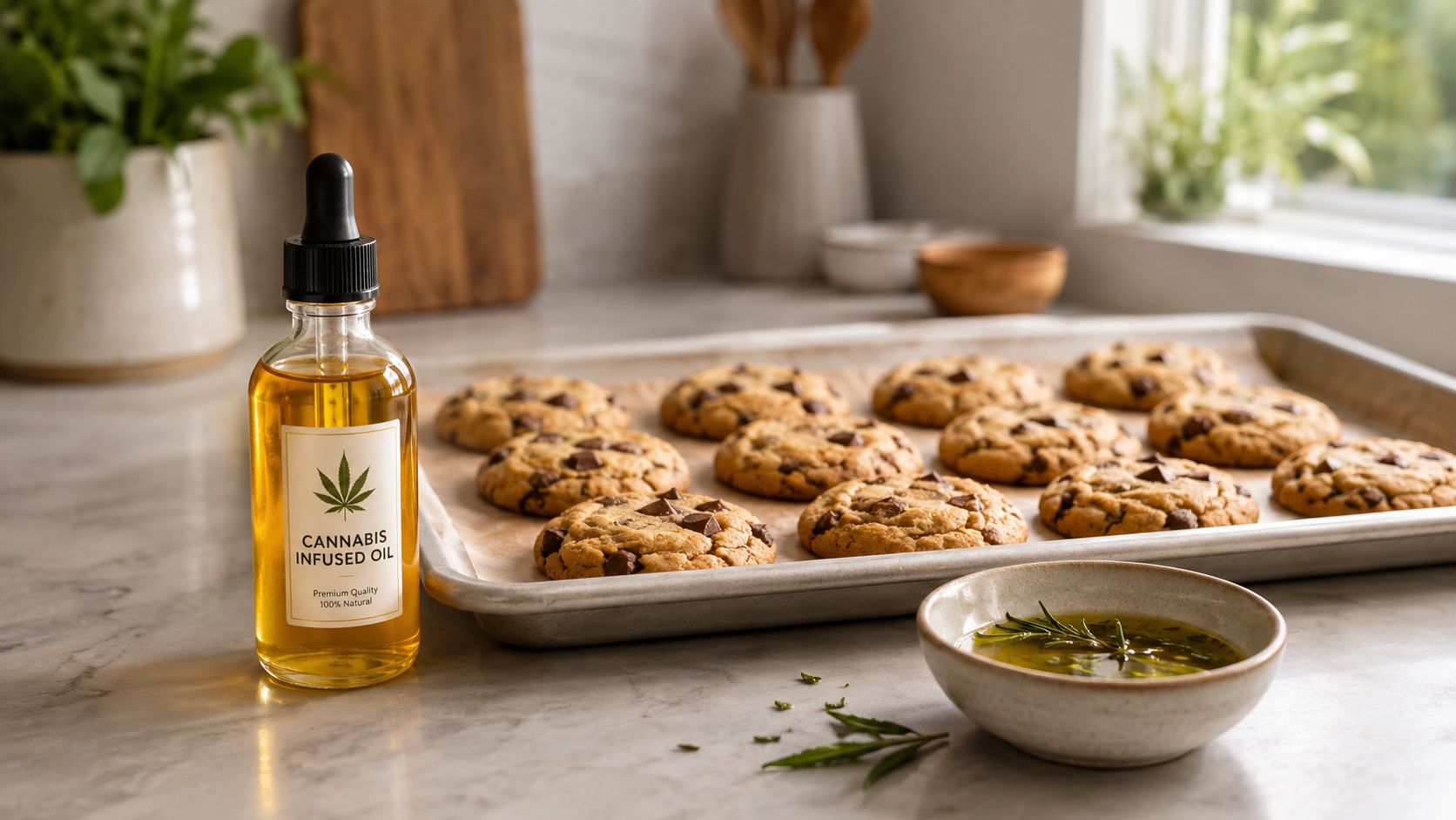 A glass dropper bottle of cannabis infused oil sits next to freshly baked chocolate chip cookies.