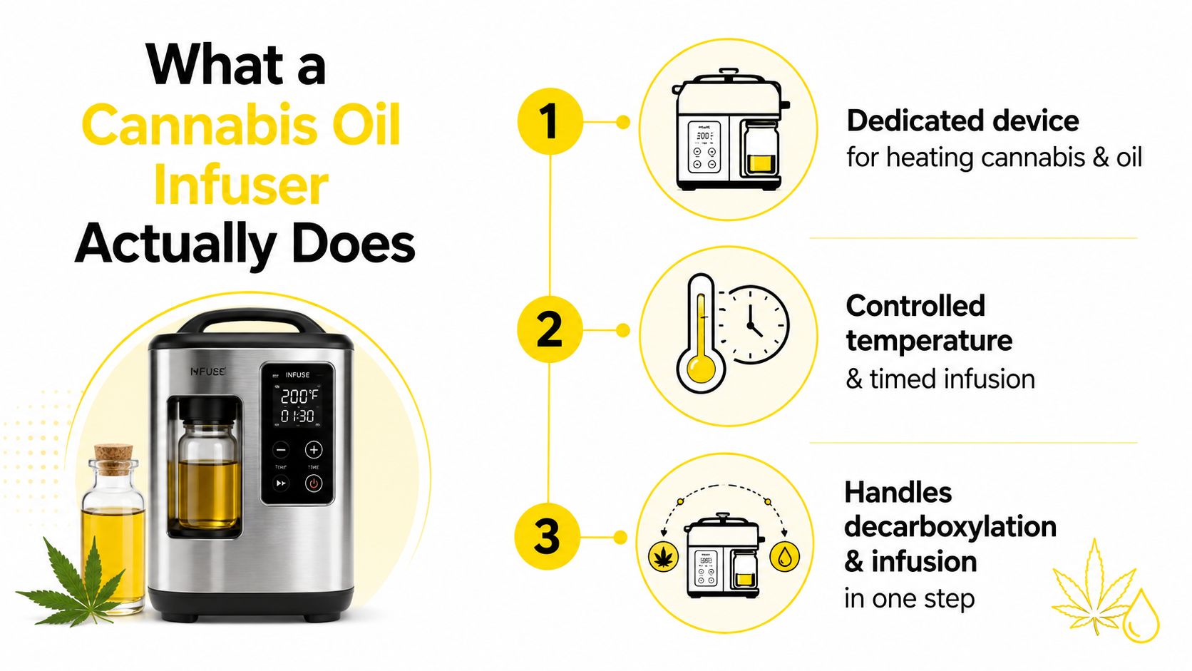 A stainless steel cannabis oil infuser displayed with an infographic explaining its heating, infusion, and decarboxylation features.