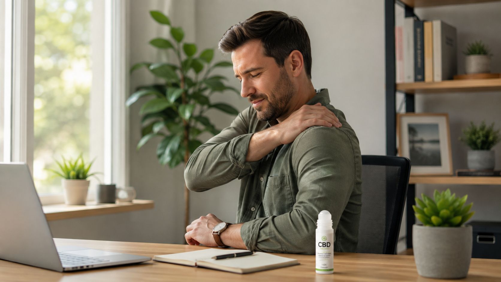A man in a green shirt sits at a desk while rubbing his painful, stiff shoulder.