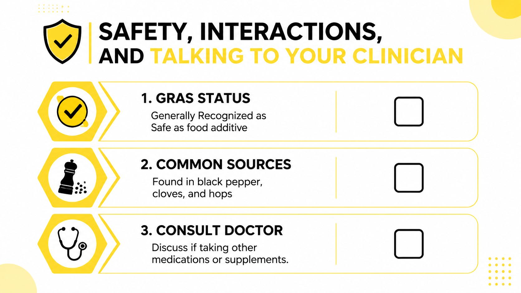 A safety information infographic about caryophyllene terpene, covering GRAS status, common sources, and medical consultation advice.