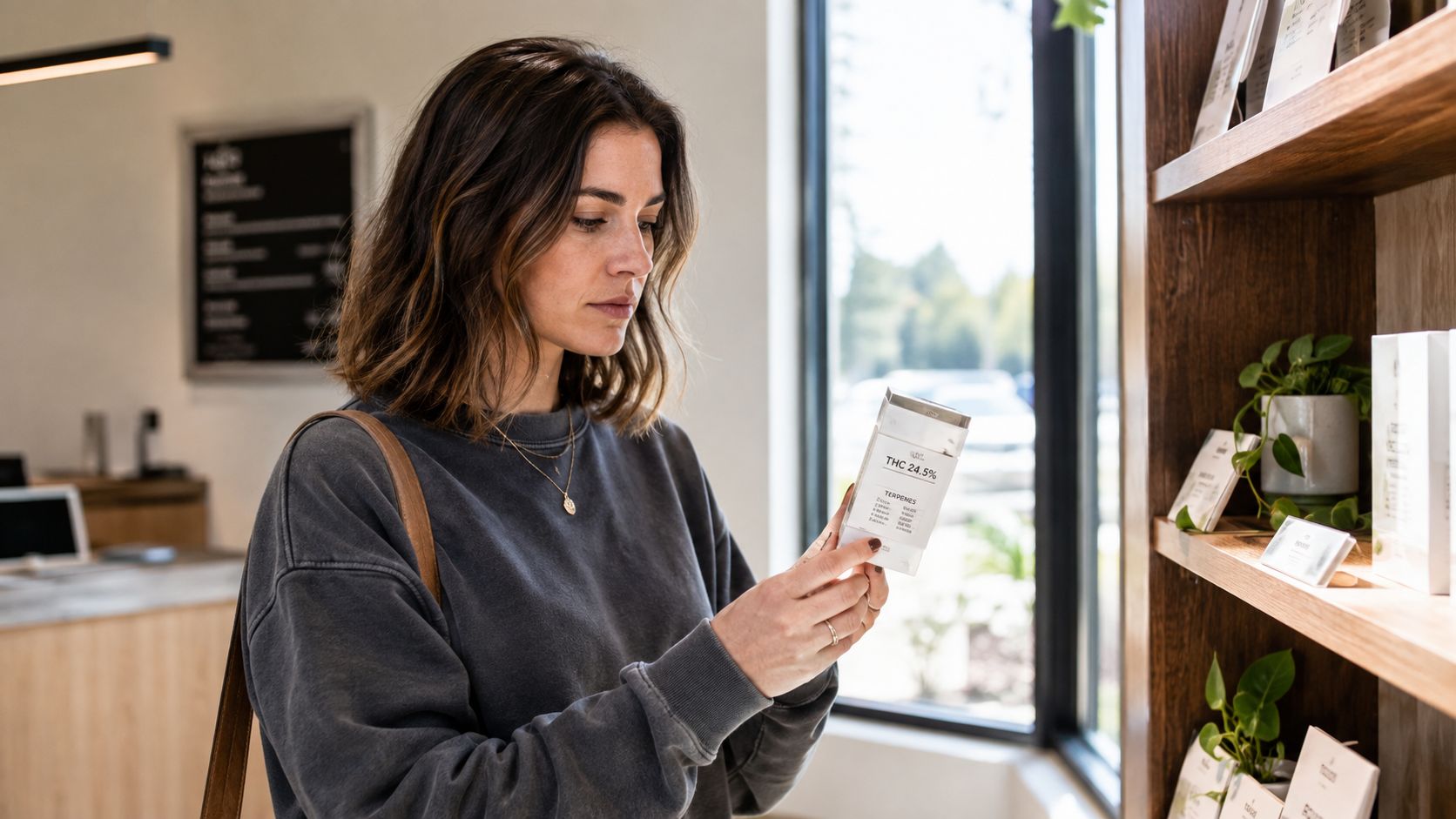 A woman shopping in a modern store, examining the label on a cannabis product package carefully.