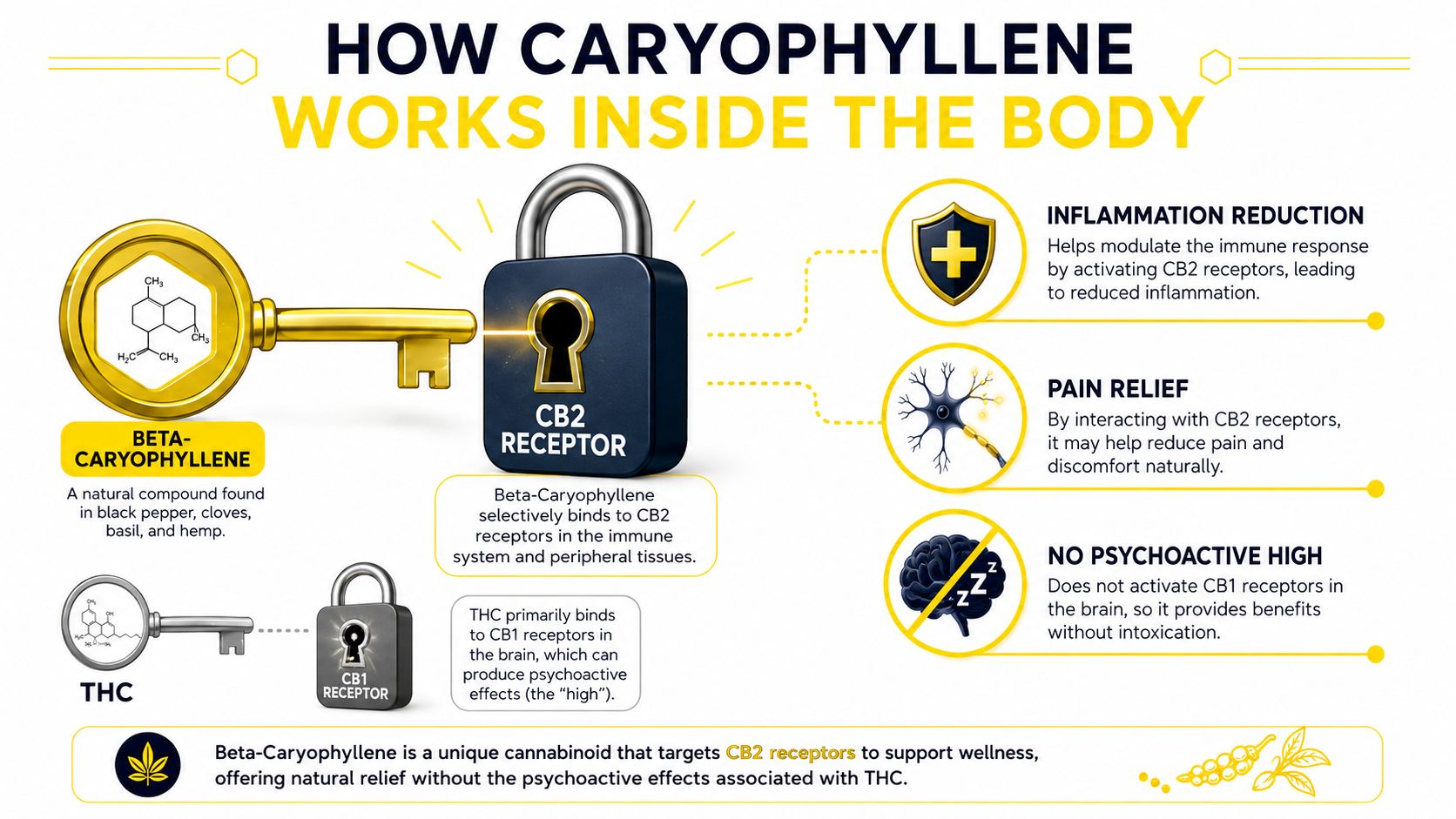 An infographic showing how beta-caryophyllene targets CB2 receptors to provide health benefits without causing a high.