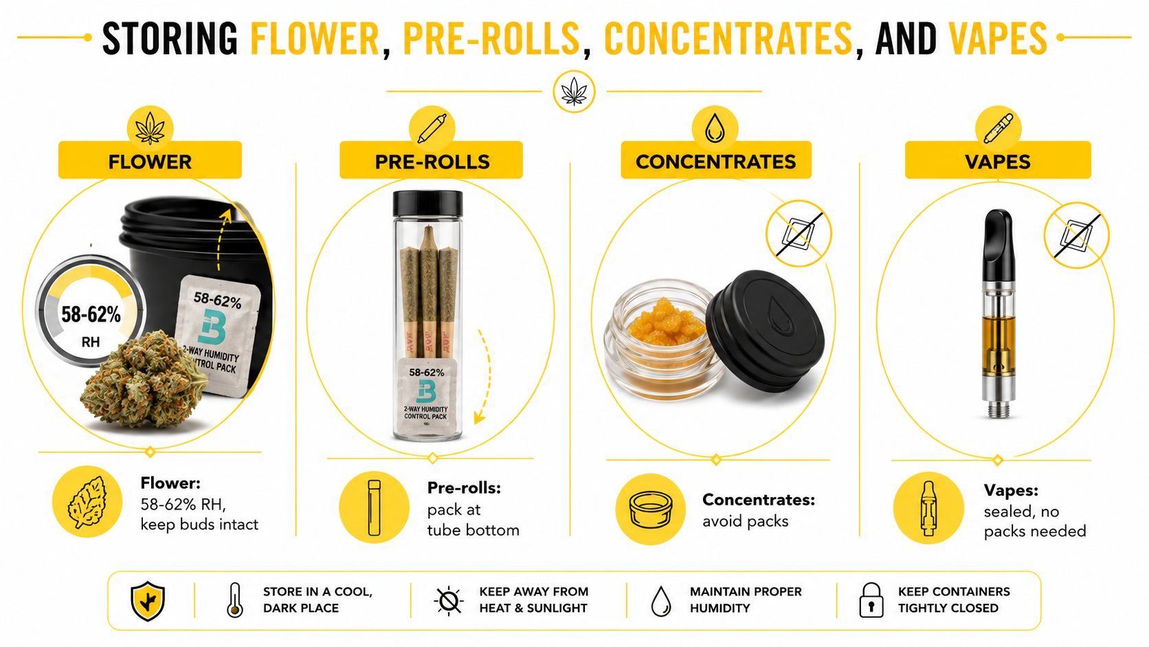 An infographic showing optimal storage conditions for cannabis products including flower, pre-rolls, concentrates, and vape cartridges.